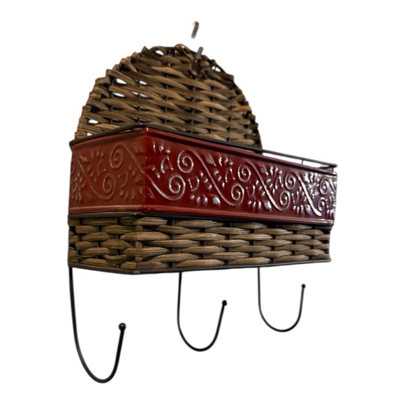 Wicker Wall Basket with Red Metal Accent and Hooks - Picture 2 of 7